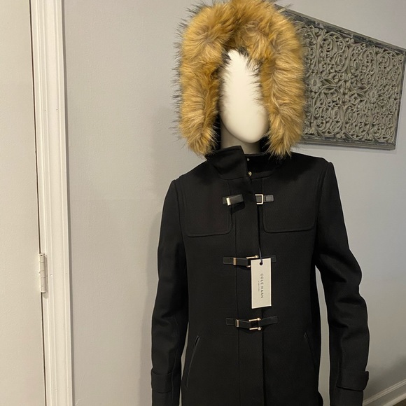 NEW Cole Haan Wool Faux Fur Trim Black Hooded Jacket Coat Size 6 - Picture 2 of 8
